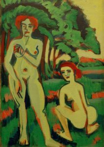 Dos desnudos femeninos verdes con cabello rojo